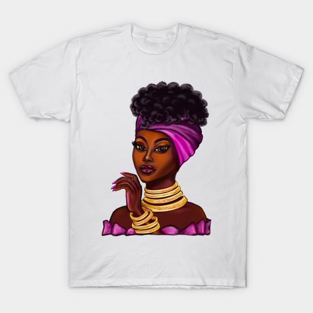 Queen Black is beautiful anime manga black girl with Gold bangles, neck ring necklace, purple dress and head wrap, brown eyes and dark brown skin ! T-Shirt by Artonmytee